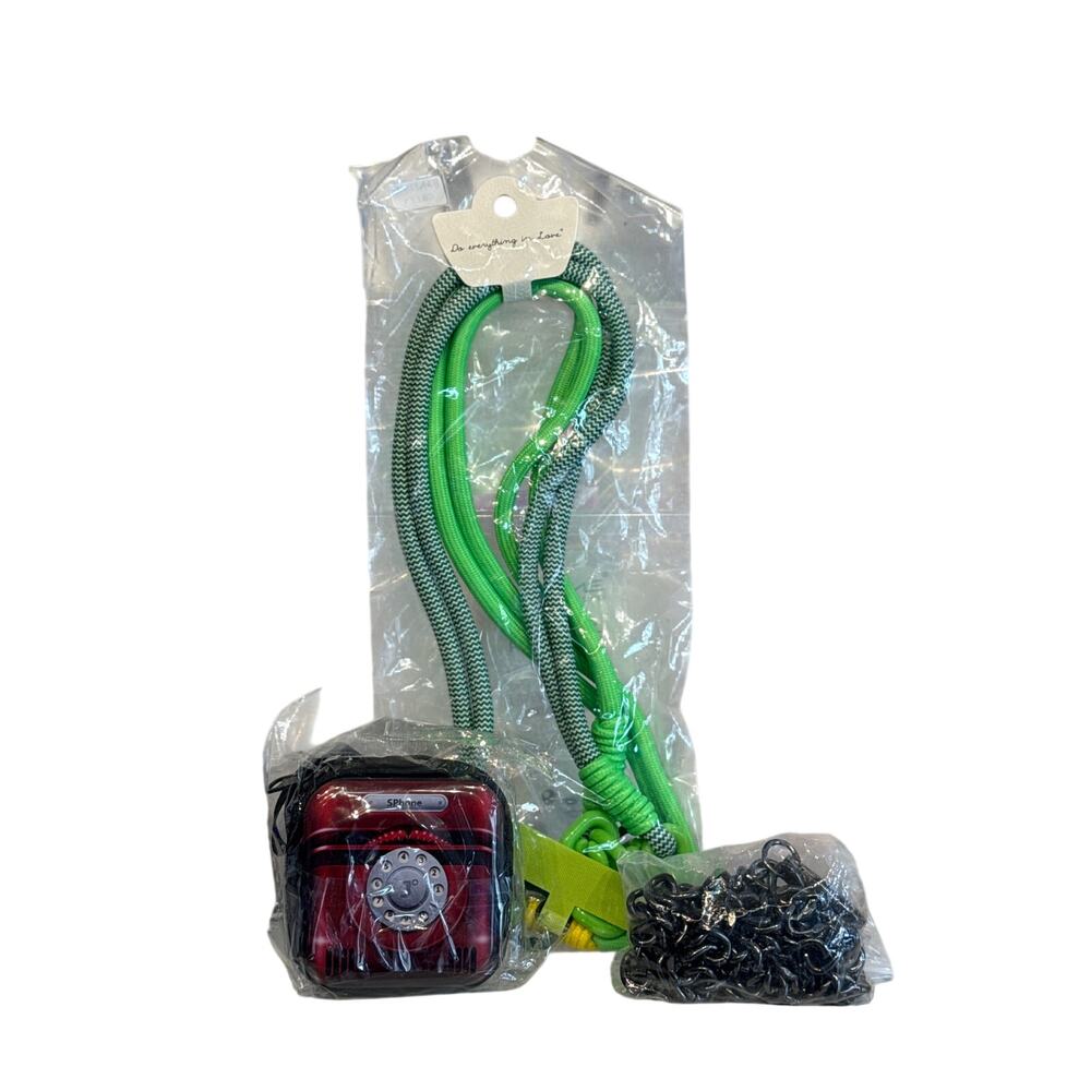 #94-95 Ret. $65 Retro Phone Ear Bud, Green Phone Crossbody, Gun Metal Chain